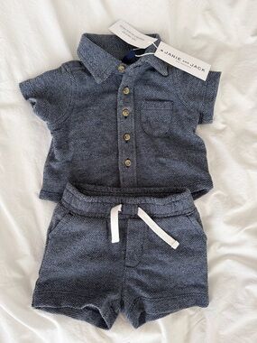 Janie and Jack Navy Herringbone Button-Front Shirt & Shorts Set 0-3 months